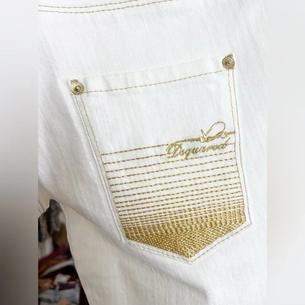 DSQUARED White Denim Bermuda shorts with gold embroidered pocket NWT  40